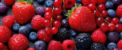 The vibrant assortment of fresh berries glistening with water droplets. photo