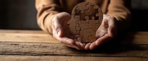 The Wooden Puzzle Head Symbolizing Creativity and Mental Awareness photo