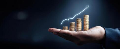 The hand supporting a growing stack of coins with upward trend graph photo