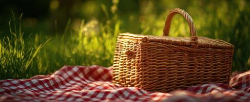 The wicker basket resting on a checkered blanket in a sunlit meadow photo