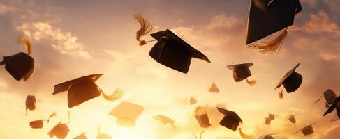 The celebratory graduation caps soaring into a vibrant sunset sky. photo