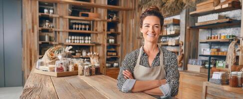 The confident woman running an organic store with a warm atmosphere. photo