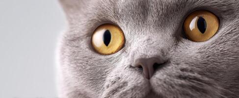 The captivating gaze of a beautiful gray cat with stunning golden eyes. photo
