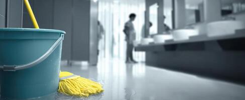 The yellow mop and bucket in a bustling restroom environment. photo