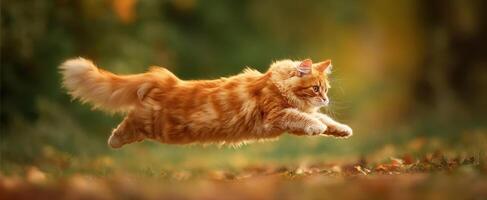 The orange cat leaping joyfully through an autumn landscape. photo