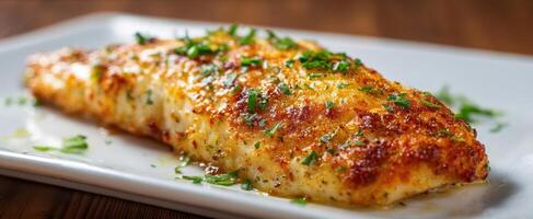 The perfectly seasoned fish fillet garnished with fresh herbs on a white plate. photo