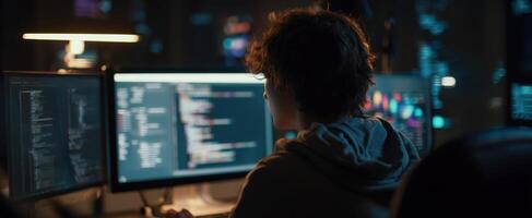 The young programmer working intently on multiple computer screens at night. photo