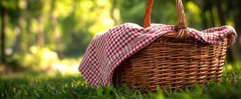 The wicker picnic basket adorned with a classic checkered blanket in nature. photo