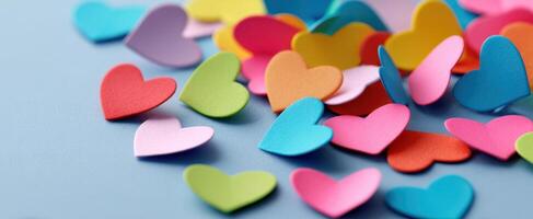 The colorful assortment of heart-shaped paper cutouts on a flat surface photo