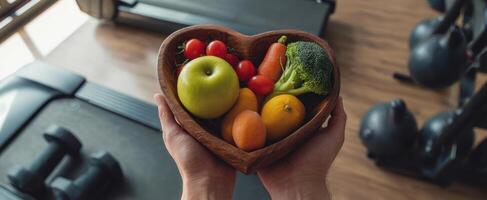 A person holding a bowl of fruit and vegetables in front of a treadmill photo