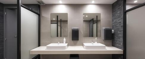 The modern bathroom featuring sleek sinks and contemporary mirrors. photo