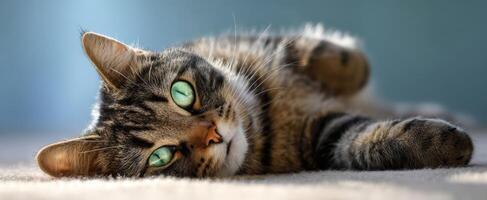 The relaxed tabby cat enjoying a cozy moment in soft light. photo