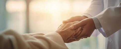 The compassionate touch between a doctor and an elderly patient in a warm setting. photo