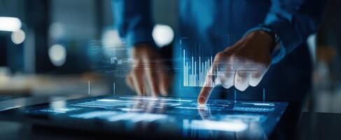 The modern touchscreen interface displaying data analytics and user interaction. photo