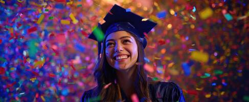 The joyful graduate celebrating success amidst colorful confetti and bright lights. photo