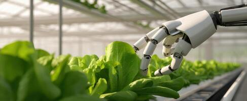 The robotic hand delicately cultivates lettuce in a modern greenhouse. photo