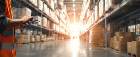 The warehouse worker using a tablet to manage inventory and operations. photo