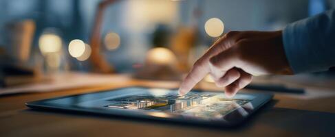 The tablet displaying urban architectural plans illuminated in a modern workspace. photo