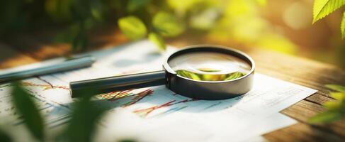 The magnifying glass resting on documents amidst vibrant green foliage. photo