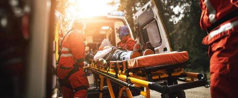 The ambulance team providing urgent care to a patient in need. photo