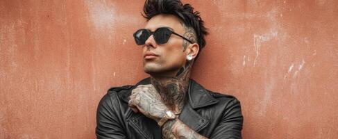 The stylish man with tattoos showcasing confidence against a textured background. photo