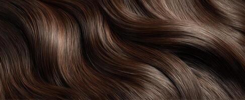 The beautiful flowing strands of luxurious brown wavy hair in close-up. photo