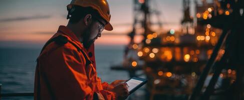 The worker operating a tablet on an offshore oil platform during sunset. photo