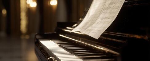 The Elegant Piano with Sheet Music Illuminated by Warm Light photo