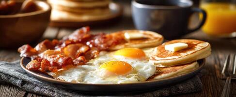 Pancakes, bacon, eggs and orange juice on a wooden table photo