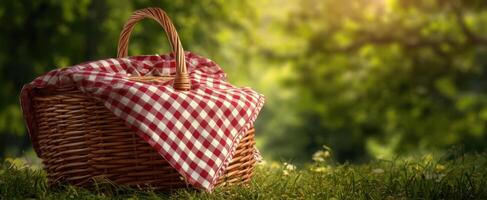 The delightful wicker picnic basket ready for an afternoon in nature. photo