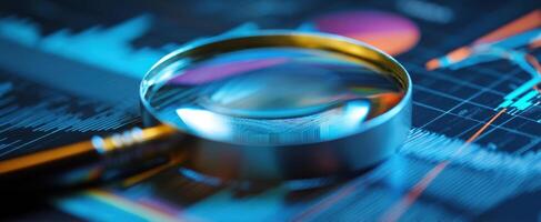 The magnifying glass highlighting financial data and analytical charts for business insights. photo
