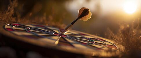 The dartboard with a dart perfectly hitting the bullseye at sunset. photo