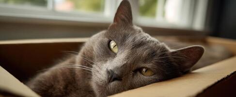 The gray cat relaxing comfortably in a cardboard box by the window. photo
