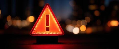 The illuminated warning sign stands out against the night backdrop of the city. photo
