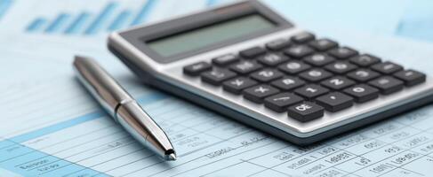 A calculator and pen on a financial document photo