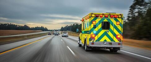 The ambulance racing down the highway in a medical emergency response. photo
