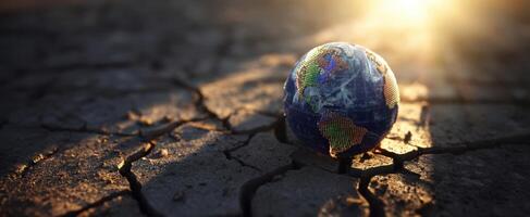 The globe resting on cracked earth symbolizing environmental challenges and climate change. photo