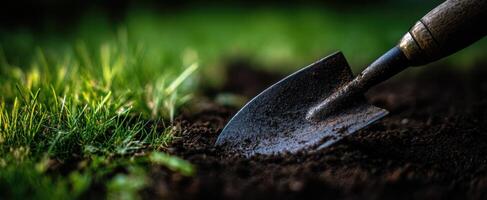 The shovel resting in rich soil ready for gardening and planting activities photo