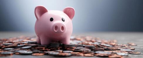 The pink piggy bank surrounded by shiny coins symbolizing savings and financial growth. photo