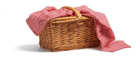 The wicker picnic basket with a red checkered cloth ready for outdoor dining. photo