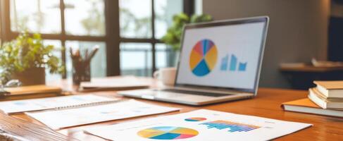 The laptop and documents showcasing business statistics and growth analysis in a workspace. photo