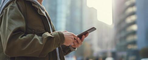 The casual user engaged with a smartphone in an urban environment. photo