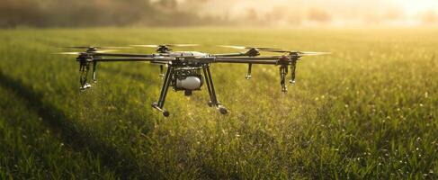 The drone hovering over a verdant field during a golden sunset. photo