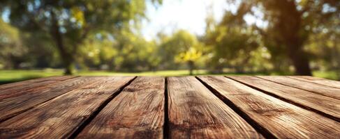 The wooden table in a serene, sunlit outdoor park setting. photo