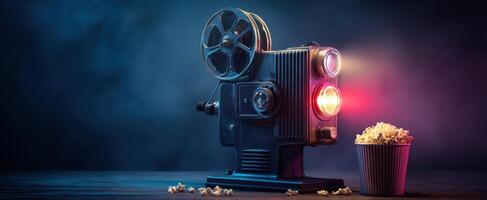 The vintage projector illuminating a bowl of popcorn in cinematic ambiance. photo