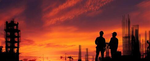 The construction workers silhouetted against a vibrant sunset sky. photo