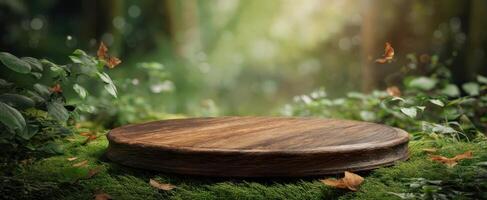The wooden podium resting amidst lush greenery in a tranquil forest setting photo