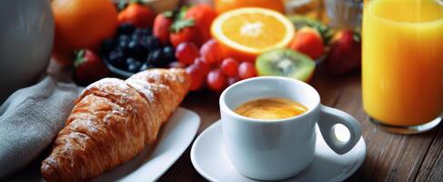 The delightful coffee and croissant served with a variety of fresh fruits. photo