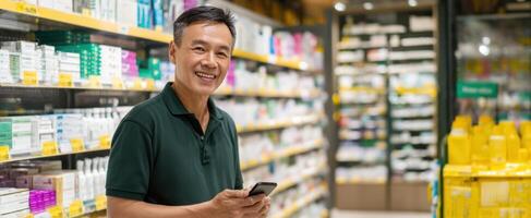 The cheerful man shopping in a pharmacy with a smartphone in hand. photo