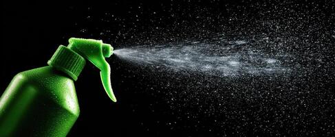 The vibrant green spray bottle releasing a fine mist in the air. photo
